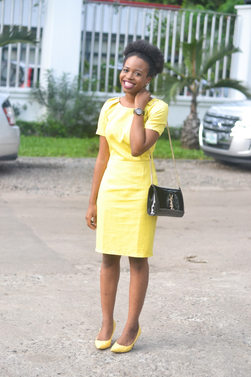 Yellow dress red hot sale heels